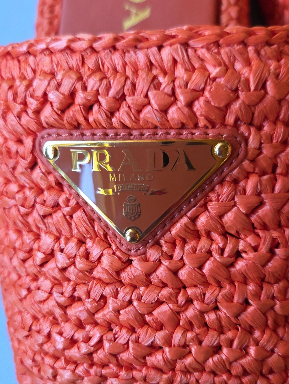 Prada Orange Woven Raffia Slide Mules with Gold Logo - Picture 7 of 7
